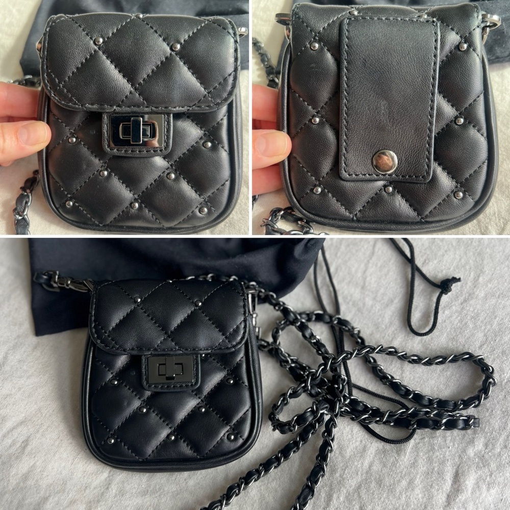 Bandolier Quilted Convertible Mini Bag Belt Chain Strap Blk Leather/Gunmetal